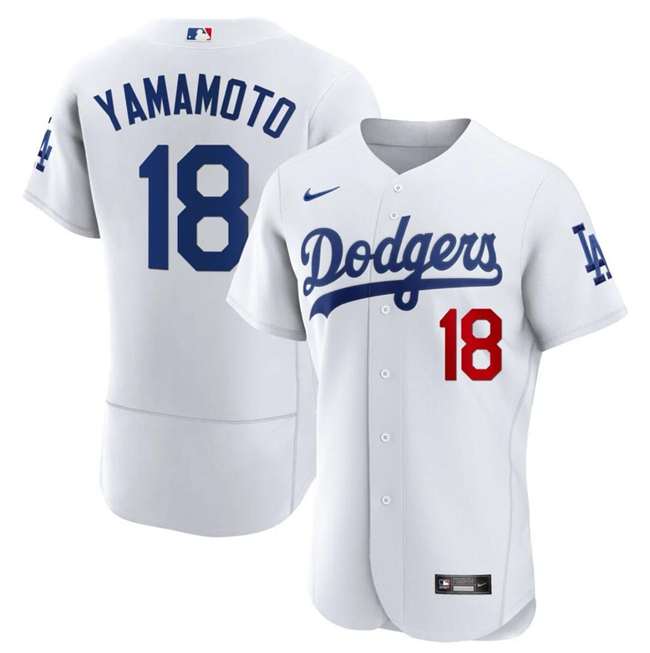 Men's Los Angeles Dodgers #18 Yoshinobu Yamamoto White 2023 Flex Base Stitched Baseball Jersey